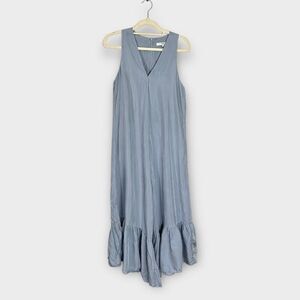 Tibi Ruffle Hem Jumpsuit Womens 2 Blue Gray Twill Wide Leg Sleeveless V-Neck RTR